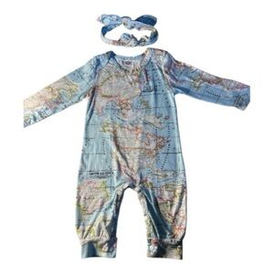 Source Unknown Blue Map Print Kids Footie with Headband
